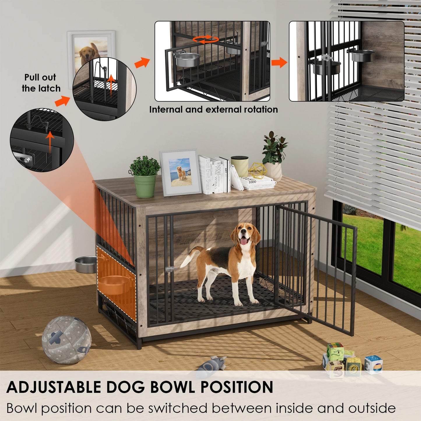 Furniture Style Dog Crate,Wooden Heavy Duty/ Raised Feeder/Dogs 2 Stainless Steel Bowls Brown/Gray