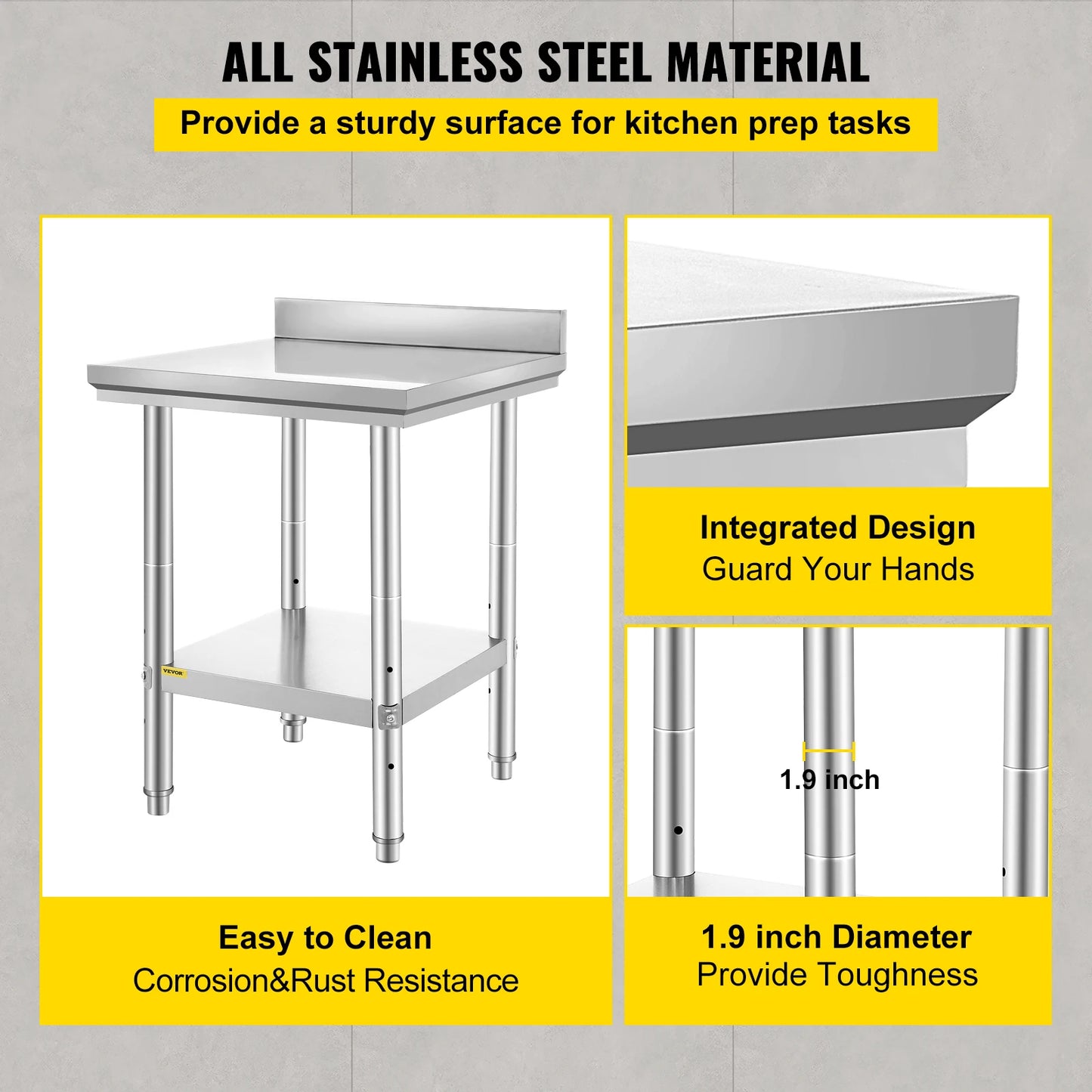 VEVOR Kitchen Work Bench Commercial Catering Worktable/Undershelf Stainless Steel 330LBS 286LBS