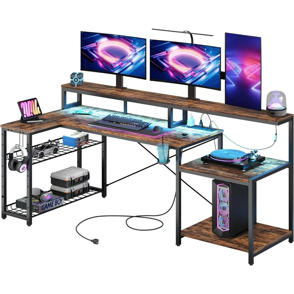 Bestier Gaming Desk with Power Outlets, 71.5 LED Computer Desk with Long Monitor Stand, Large L Shaped Corner Desk with Storage