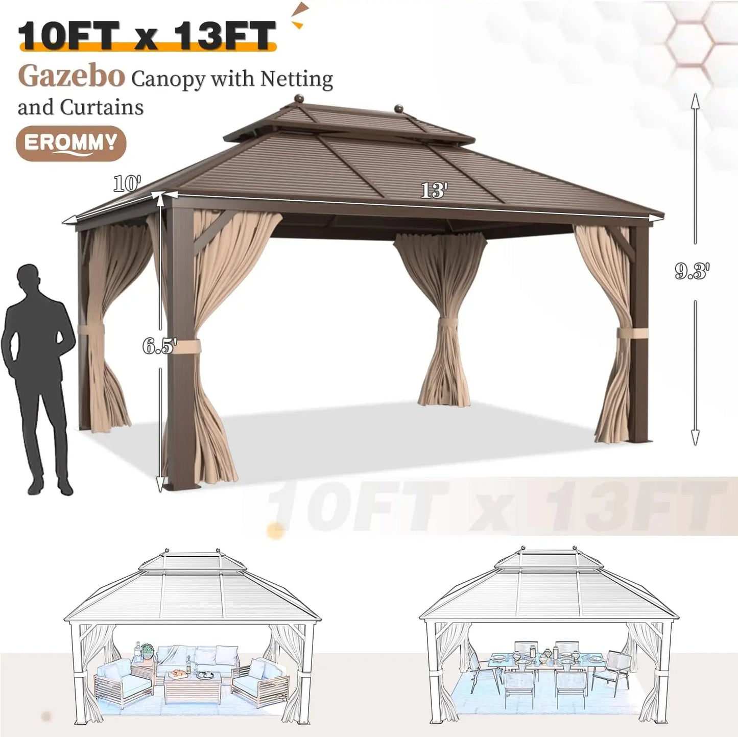 12'x20' Gazebo Hardtop, Galvanized Steel Double Roof Metal w/Aluminum Frame, Permanent Pavilion