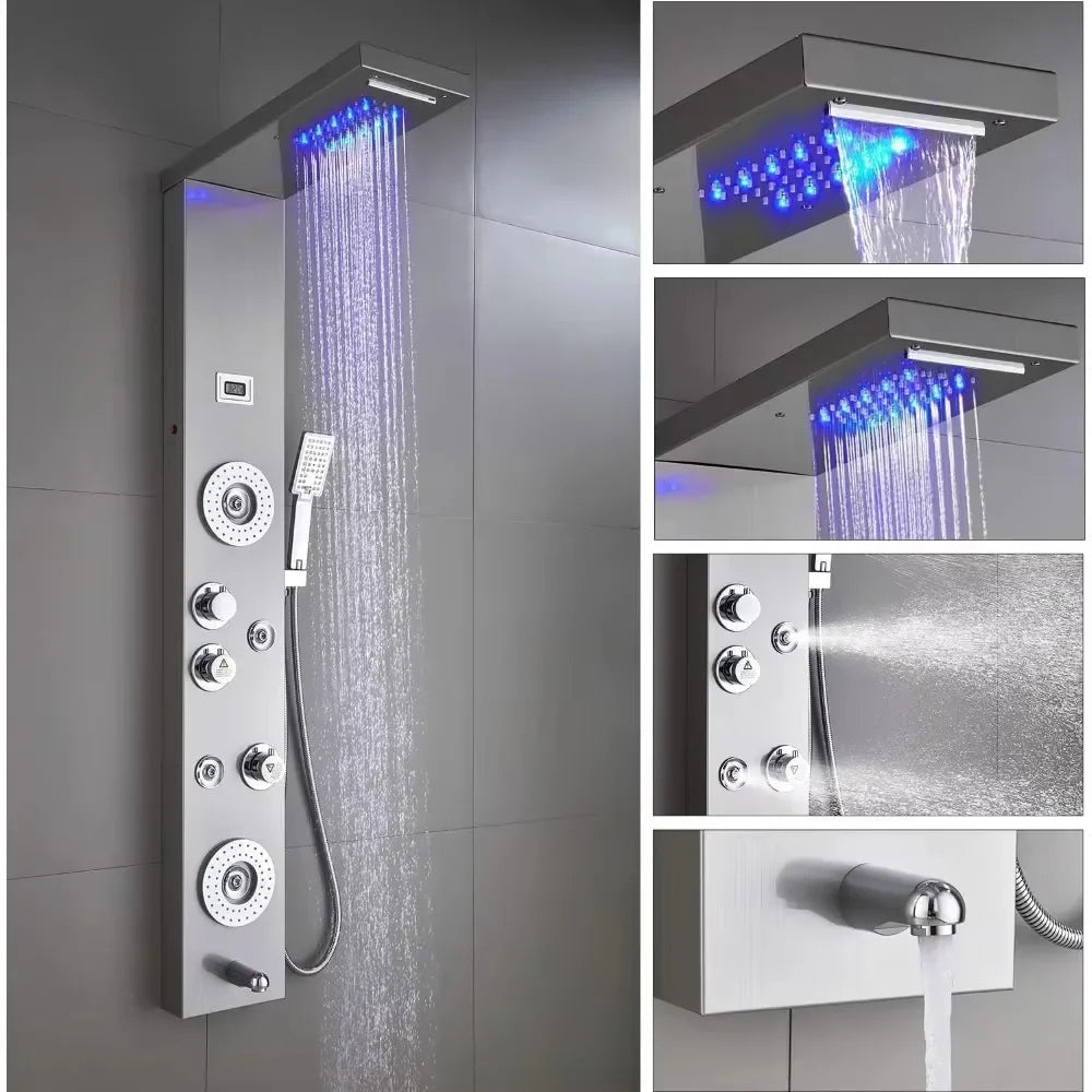 ELLO&ALLO Stainless Steel Shower Panel Tower System,LED Rainfall Waterfall Shower Head