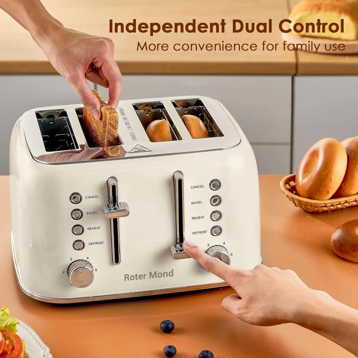 ROTOR MOND Toaster 4 Slice Retro Stainless Steel w/Extra Wide Slots Bagel, Defrost, Reheat Function