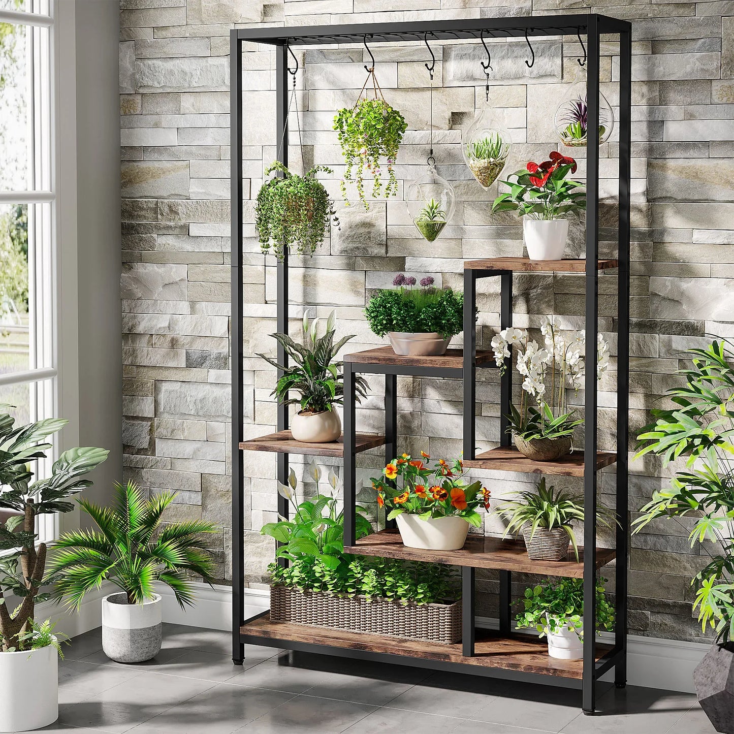 Tribesigns 5 Tiers Tall Indoor Plant Stand 70.9" Large Metal Plant Shelf+10 PC S Hanging Hooks