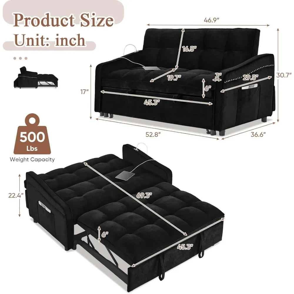 3 in 1 Sleeper Sofa Couch Bed w/USB & Type C Port, 52" Small Modern Loveseat Sofa w/Pull Out Bed