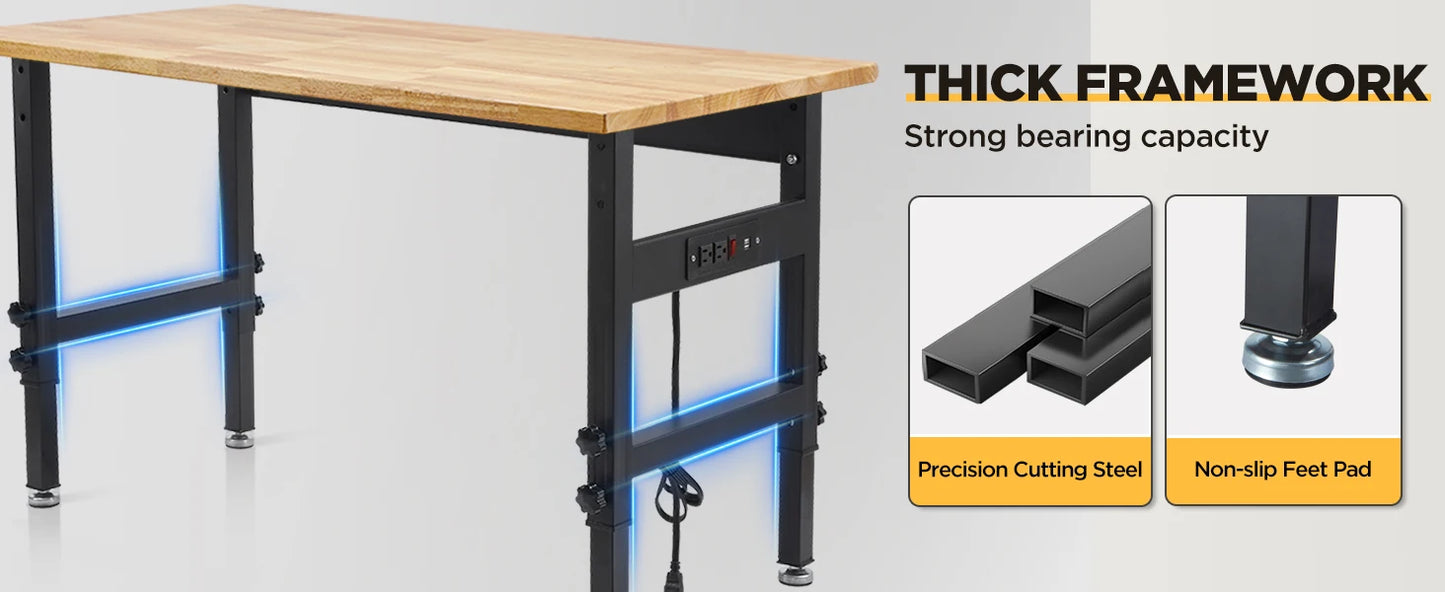 Work Bench Garage w/Power Outlets, 2200 Lbs Capacity Hardwood Top Workbench Table Heavy-Duty