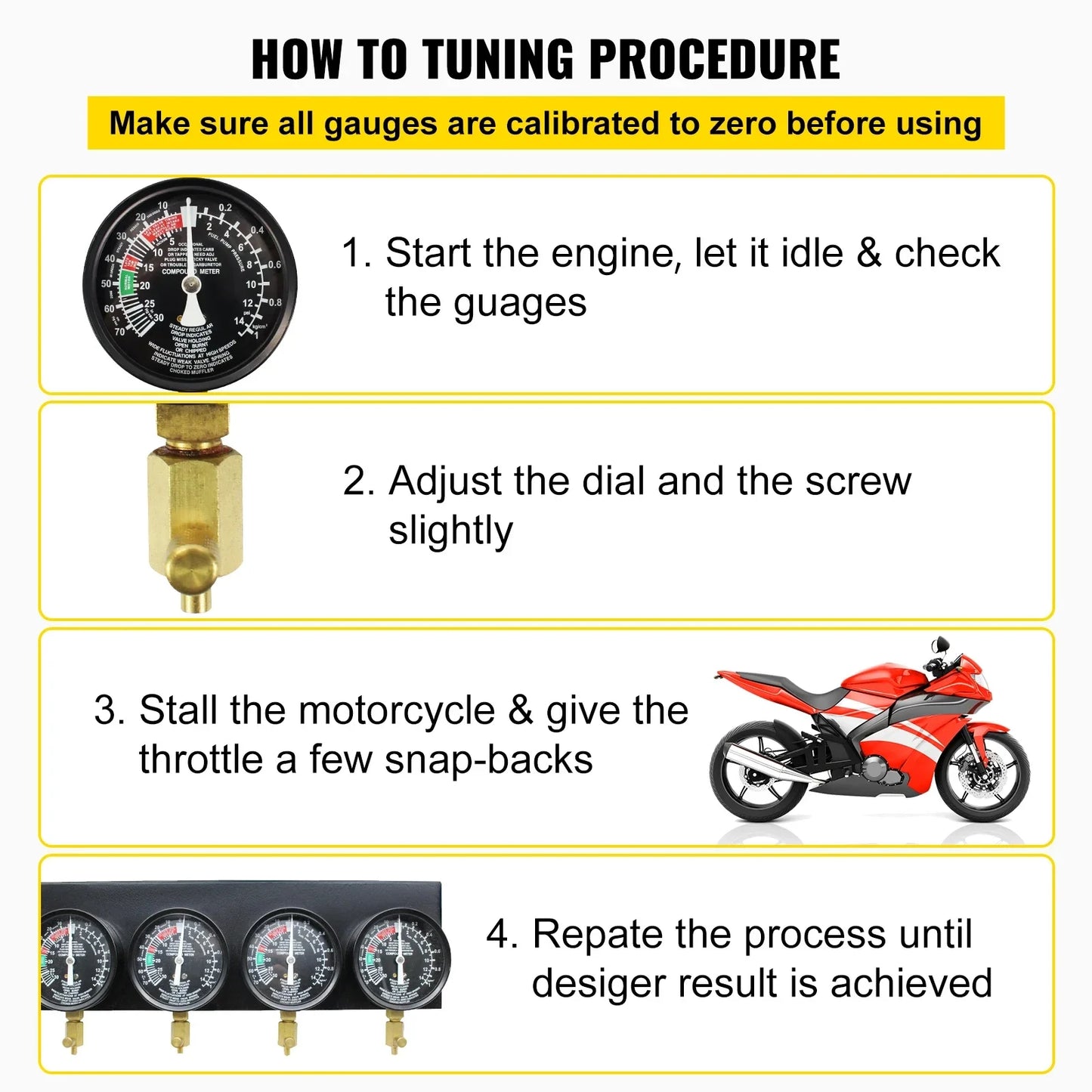 Vevor Fuel Vacuum Carburetor Synchronizer Tools/4 Gauge Set/Rubber Hose/Vacuum/Kit For Motorcycle