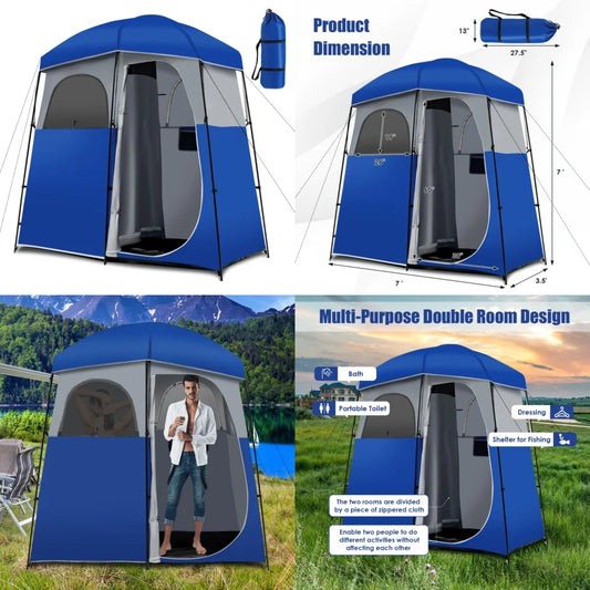 Portable Camping Shower Toilet Tent with Floor and Storage Bag for Double Room Use