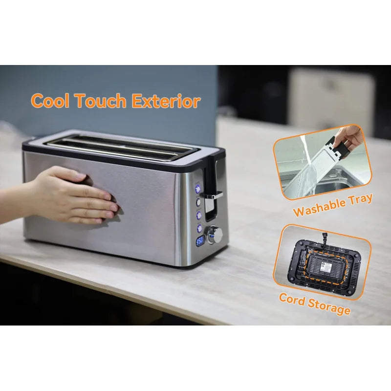 4 Slice Toaster, Long Slot Toaster With Countdown Timer, Bagel/Defrost/Reheat/Cancel,Warming Rack