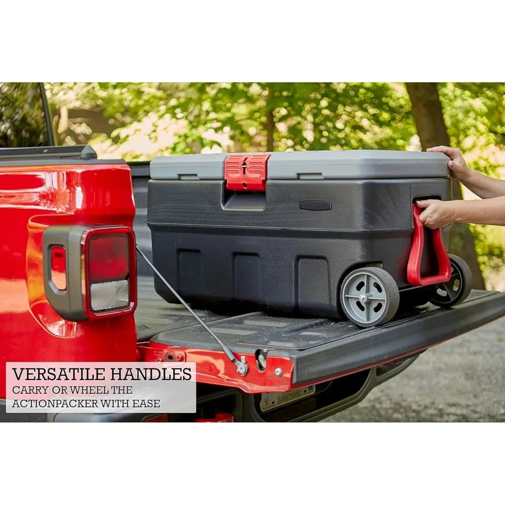 RUBBERMAID Gray&Black,ActionPacker 35 Gallon,Lockable Plastic Storage Bin w/Lid and Wheels-Rugged