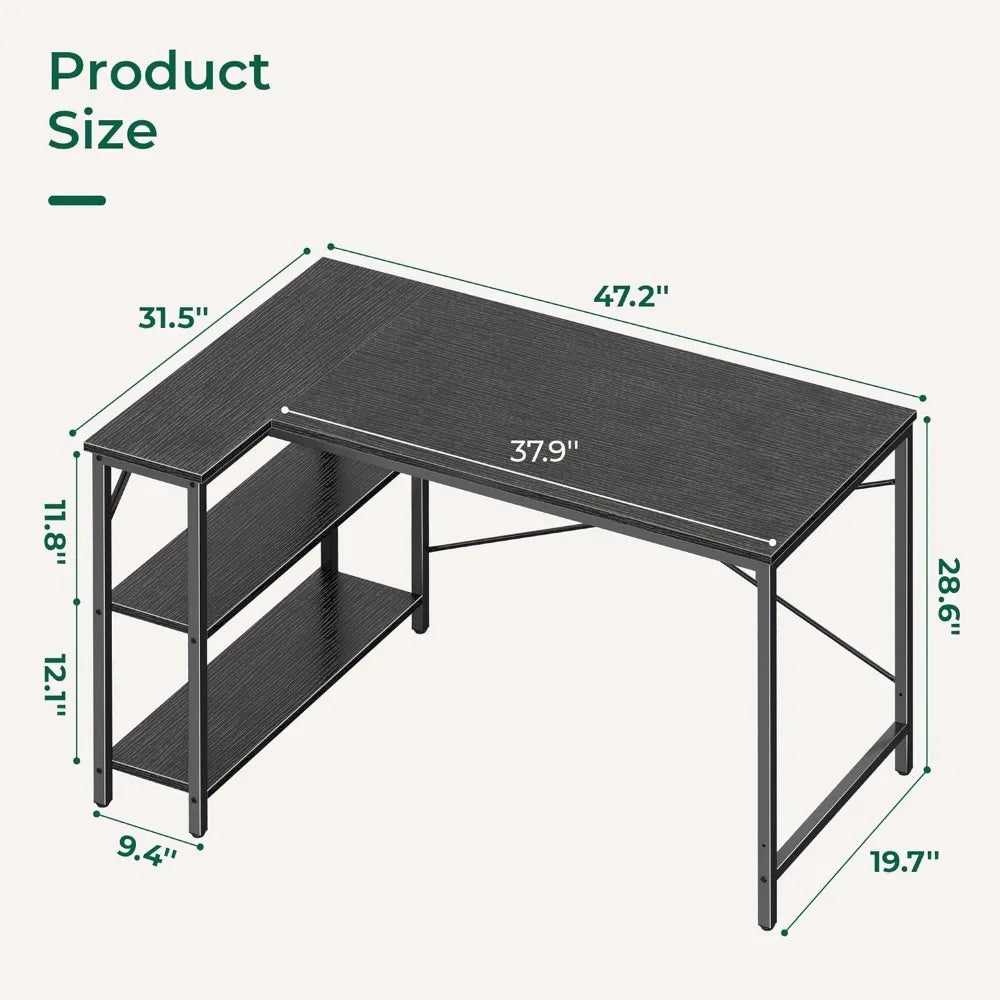 HUUGER L Shaped Desk, 47" Computer Desk with Reversible Storage Shelves, Gaming Desk, Corner Desk