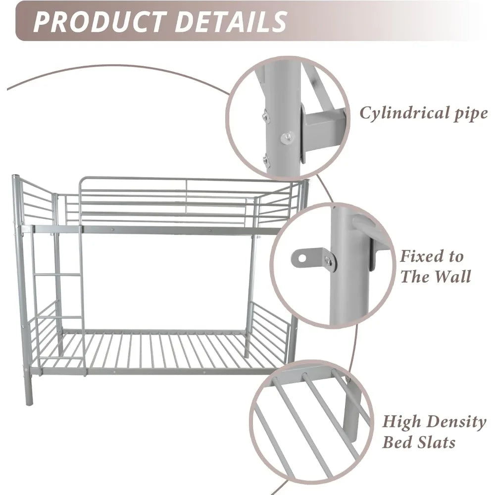 White Bunk Bed Twin Over Twin with 2 Storage Drawers, Metal Bunk Bed with Built-in Ladder