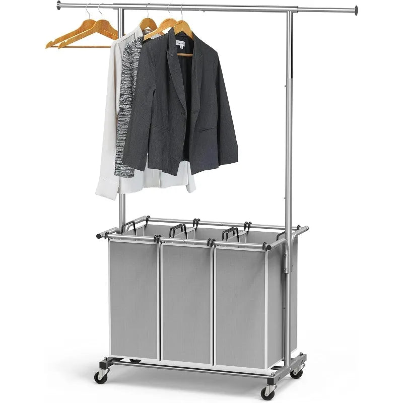 3 Bag Laundry Sorter Rolling Cart w/Garment Rack Hanging Rod, Silver