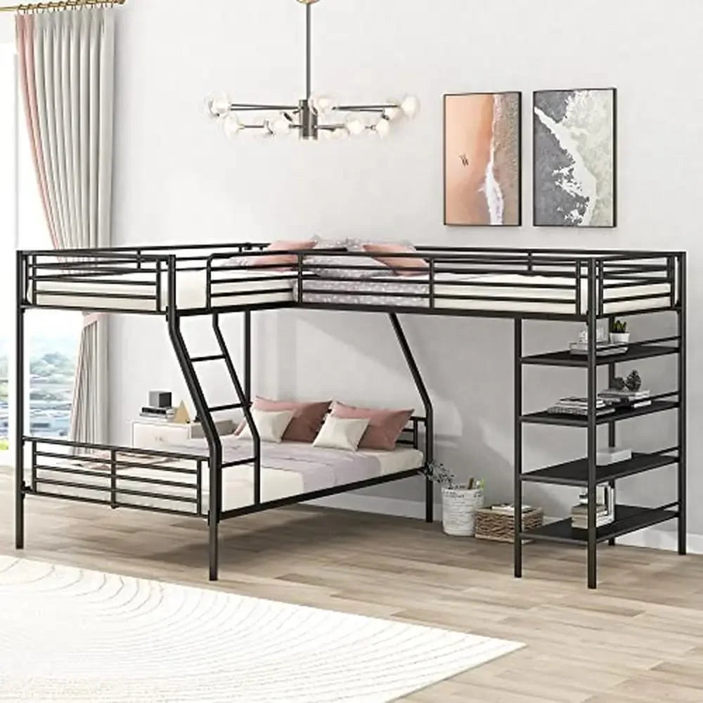 L-Shaped Metal Corner Bunk Bed w/Loft, Twin Over Full No Box Spring Needed 117.2"L x 77.5"W x 62.9"H