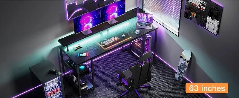 Computer Desk, 48" Gaming Desk/LED Lights & Power Outlets, w/Monitor Stand & Storage Shelves