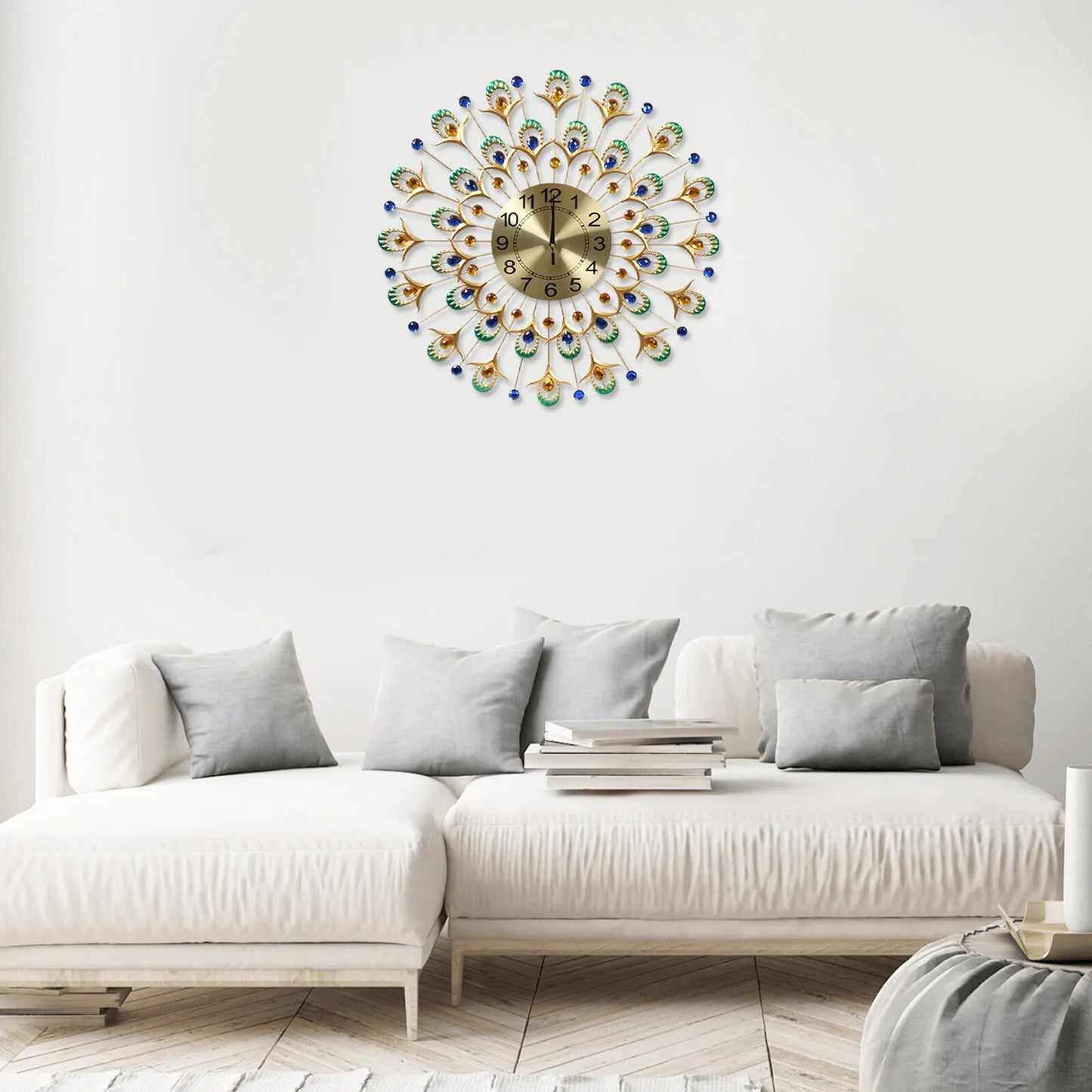 Peacock Feather Wall Clock 24" Gold, Silent Quartz Movement Large Clock, Modern Artistic Wall Decor