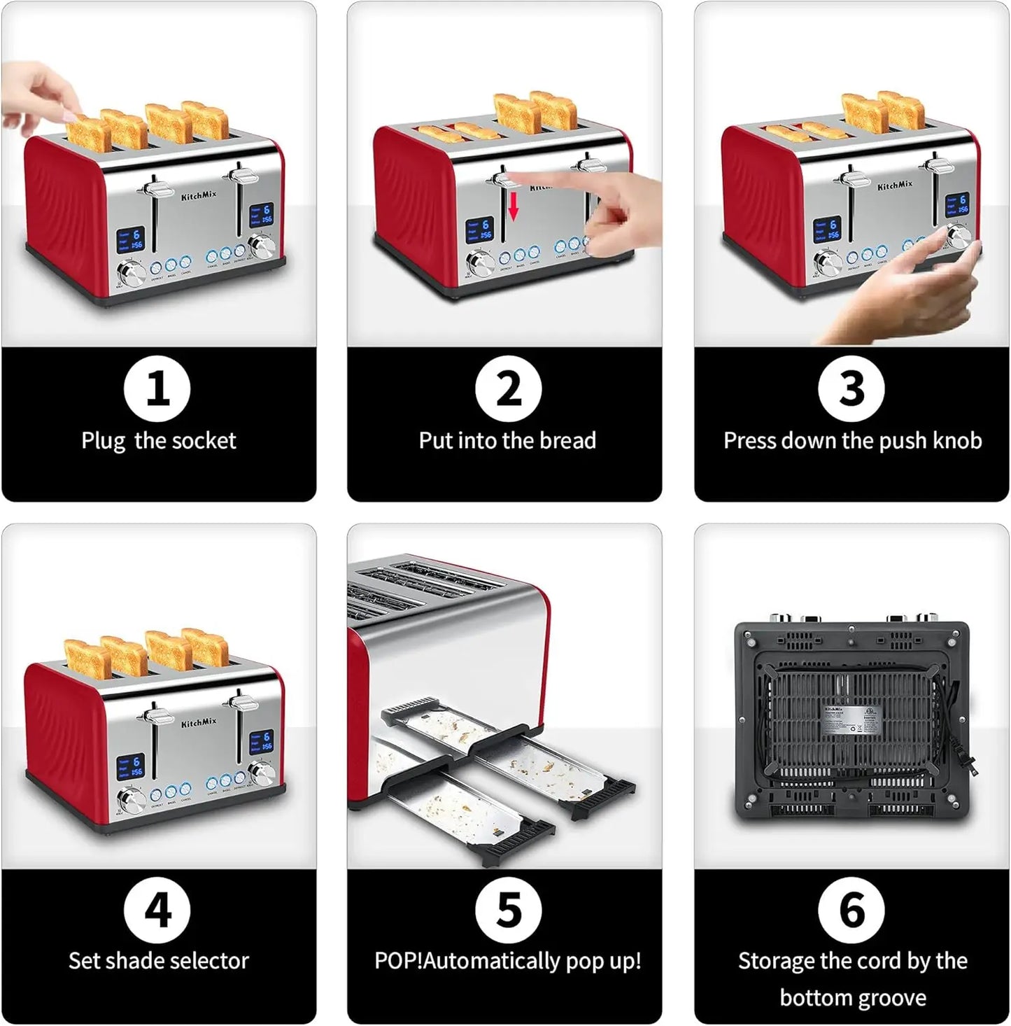 4 Slice, Kitch Mix Stainless Toaster w/ LCD Timer, Extra Wide Slots, Dual Screen, Removal Tray (Red)