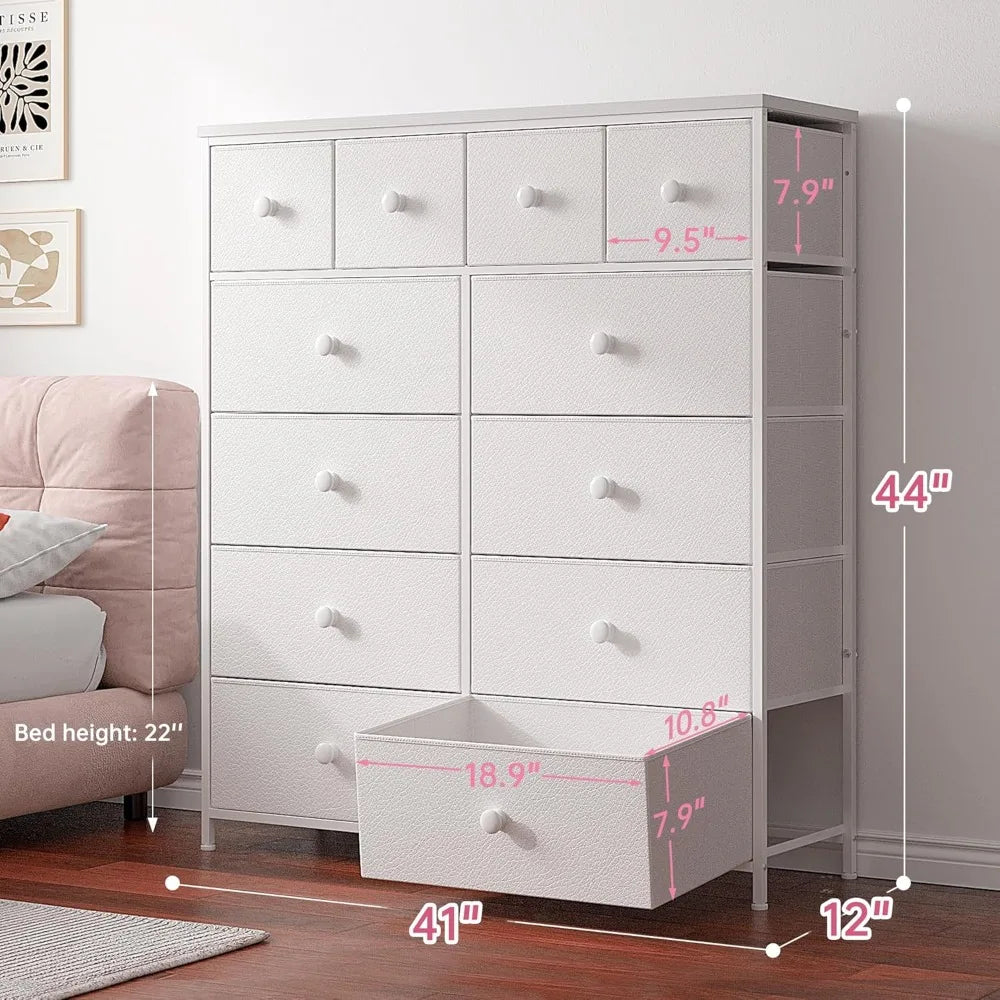 Dresser for Bedroom with 12 Drawers , In 8 Colors with Wood Top, Metal Frame