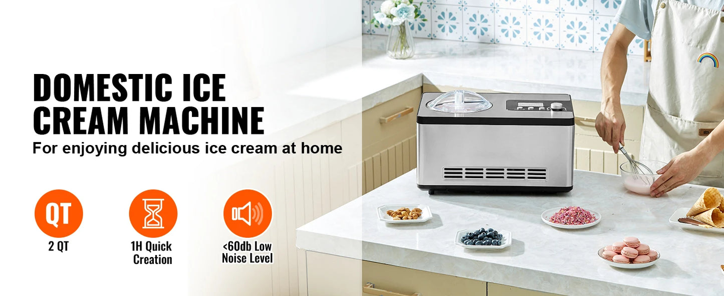 SucceBuy Automatic Ice Cream Maker with Built-in Compressor 2 Quart No Pre-freezing Fruit Yogurt