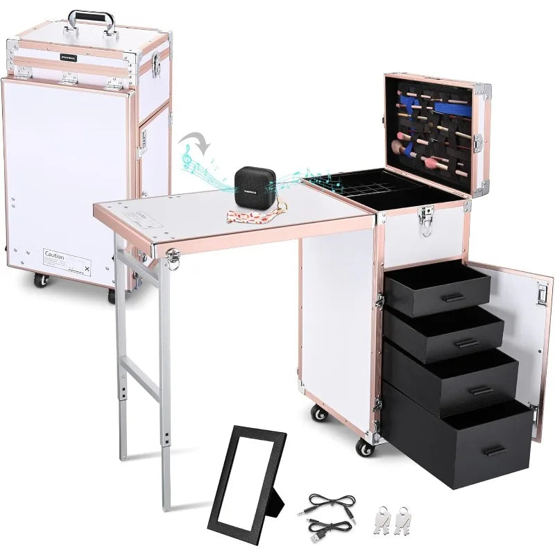 Rolling Manicure Table Foldable Nail Table Makeup Train Case with Desk Cosmetic Trolley