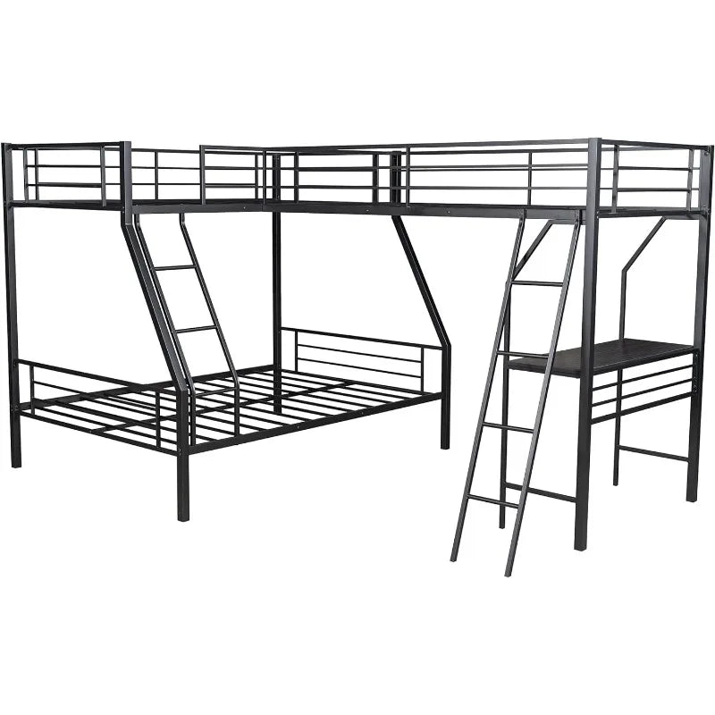 Metal Triple Bunk Beds, Twin Over Full Bunk Bed Attached Twin Loft Bed with Desk, L-Shape Triple Bed