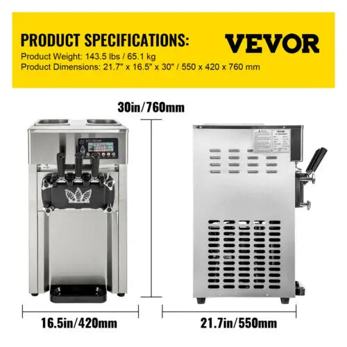 VEVOR 28L/H Soft Ice Cream Machines Commercial Sorbet Coolers Tricolor Desktop Sweet Cone