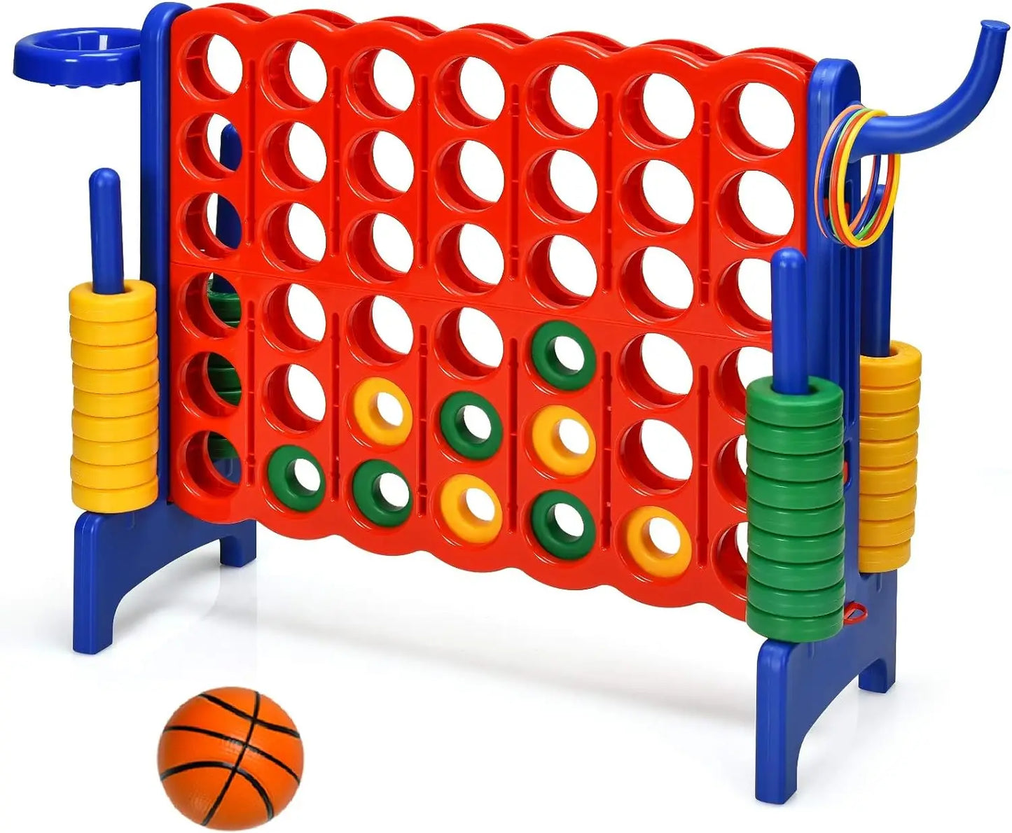 4-in-A-Row Giant Game w/Basketball Hoop, Ring Toss, 42 Jumbo Rings without carrying bag