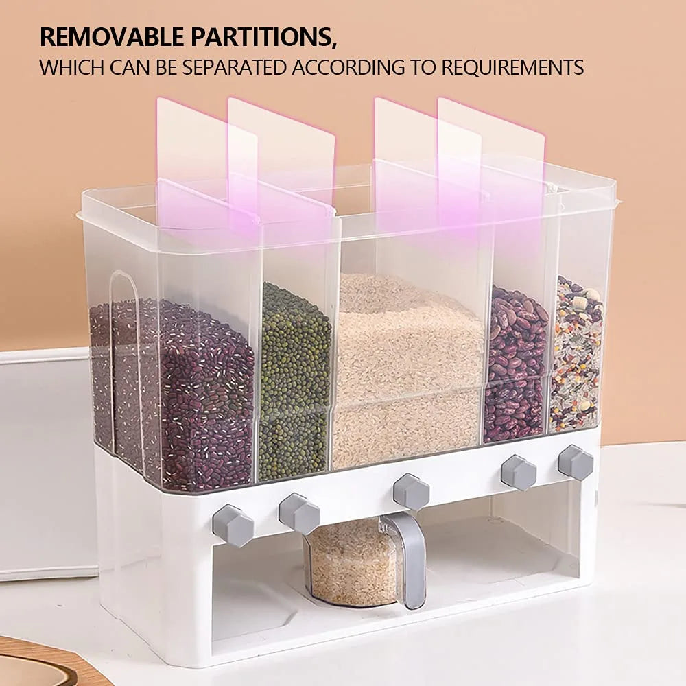 5-Grid Dry Food Dispenser Airtight Dry Food Storage Containers Cereal Dispenser Sealed Container