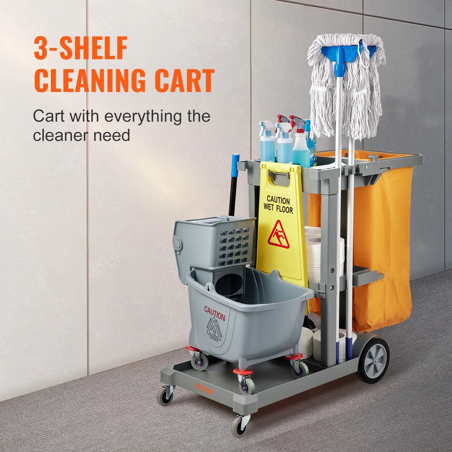 VEVOR Black/Grey Cleaning Cart 3-Shelf Commercial Janitorial Cart 200 lbs Capacity