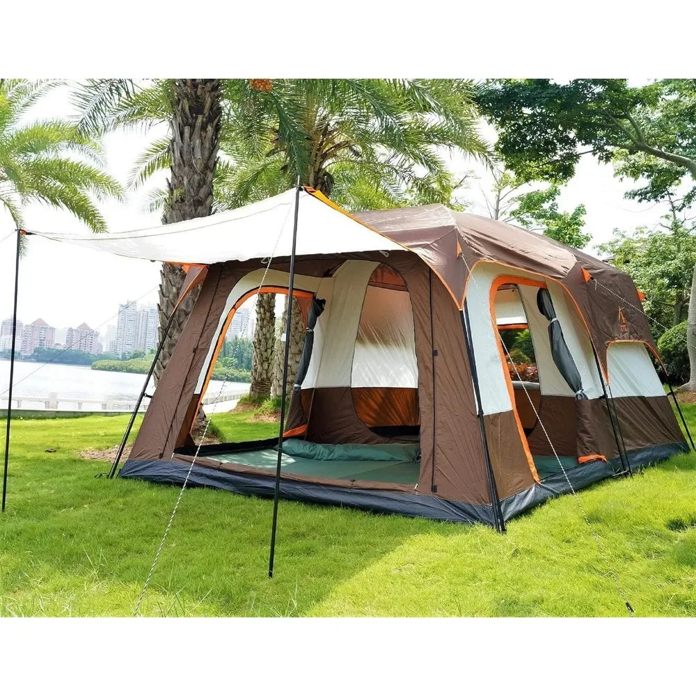 12 Person Camping Tent, 2 Rooms, 3 Doors and 3 Windows with Mesh, Waterproof Double Layer Big Tent