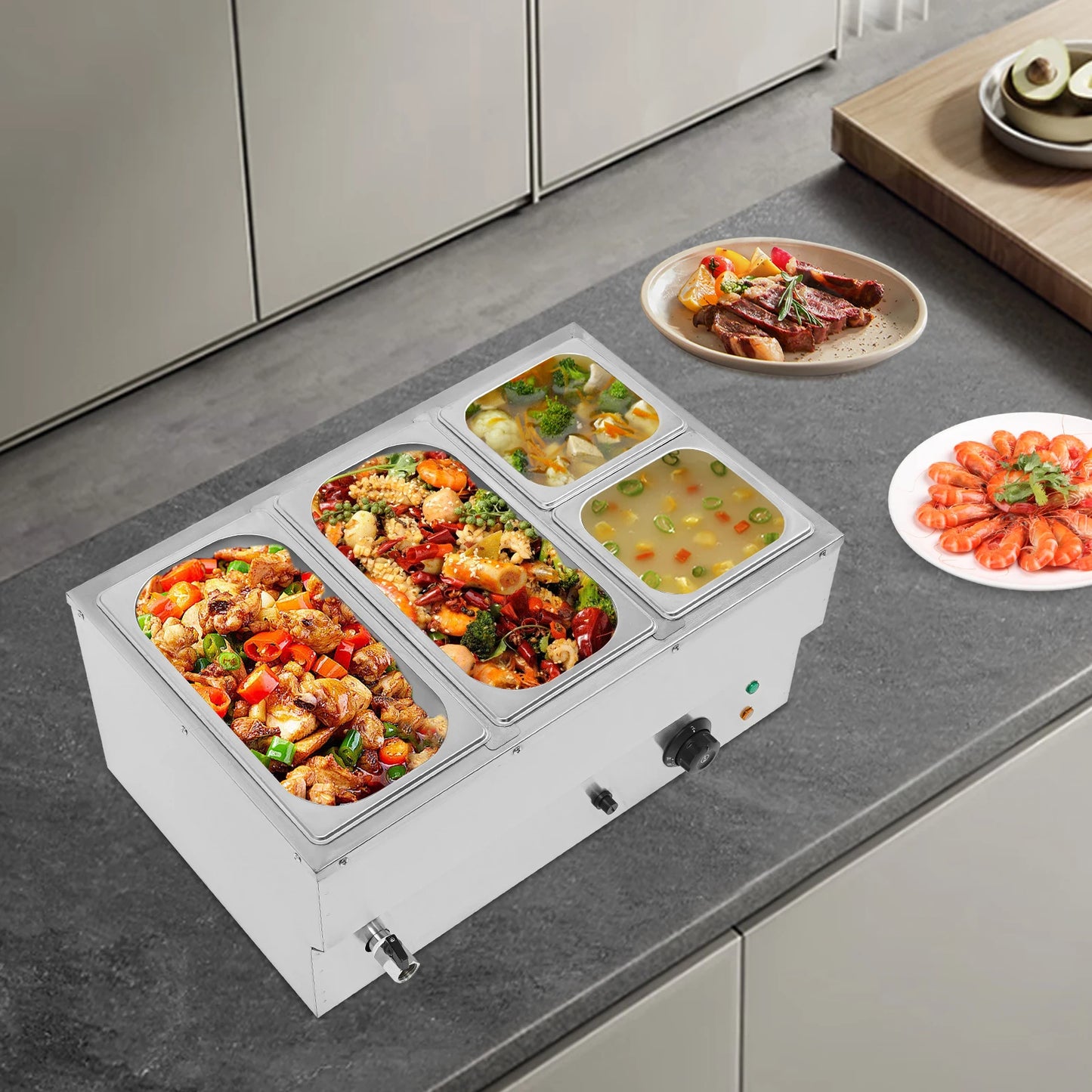 Electric 4-pan Food Warmer Commercial Stainless Steel Buffet Server Adjustable