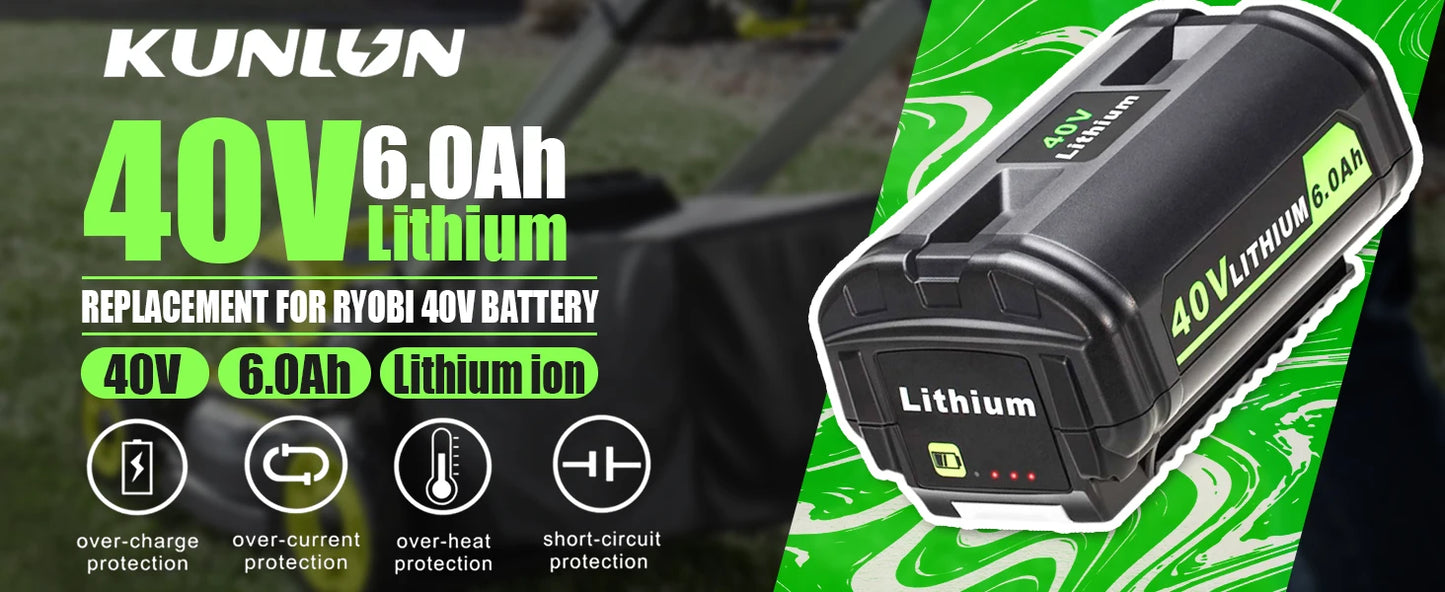 KUNLUN/Ryobi 6.0Ah 40V Li-ion Battery/OP40401 OP4050A OP4050 RY40502 RY40200 Rechargeable Battery