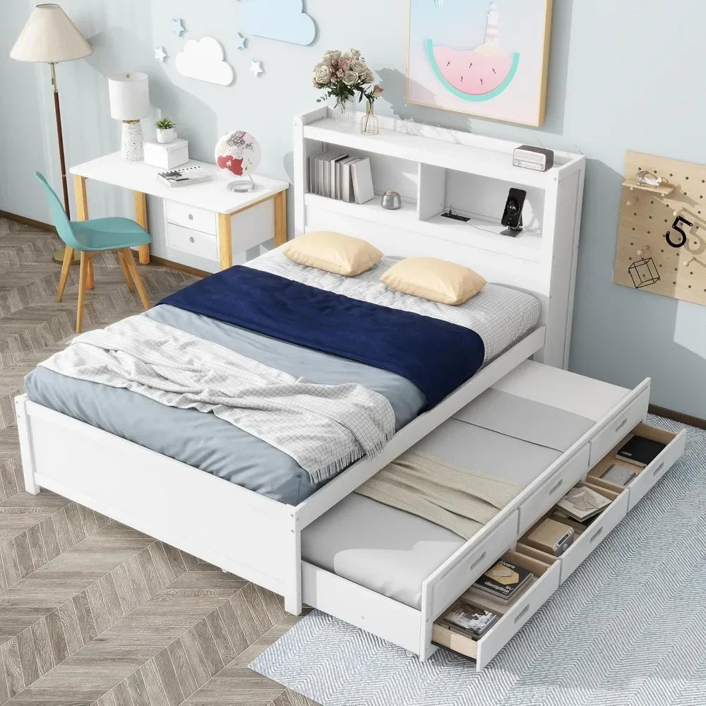 Full Platform Bed/Twin Size Trundle,Bookcase Headboard,Charging Station/3 Drawers,Wood Full Storage