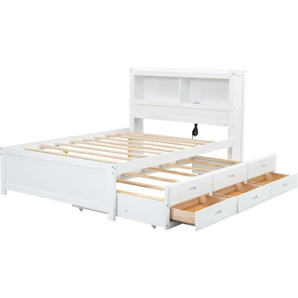 Full Platform Bed/Twin Size Trundle,Bookcase Headboard,Charging Station/3 Drawers,Wood Full Storage