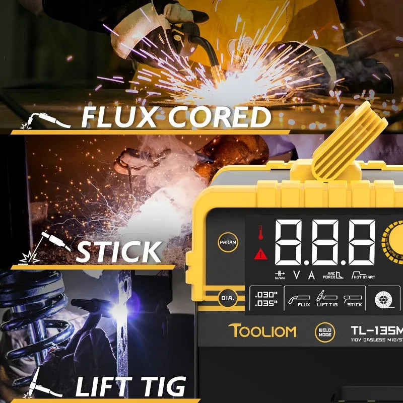 TOOLIOM 135A Gasless Flux Core MIG Welder/TIG/Stick 3 in 1 Welding Machine IGBT DC Inverter 110 Volt