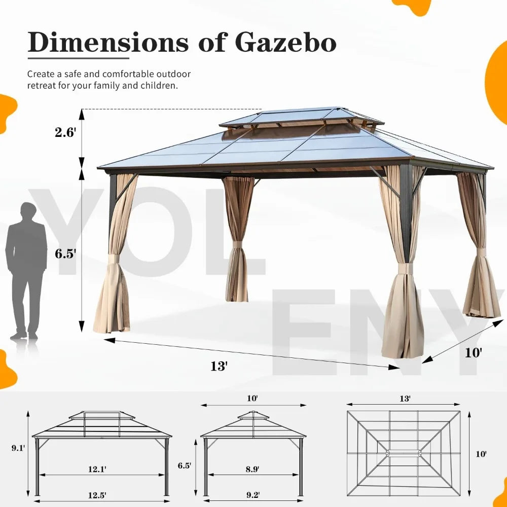 10'x13' Hardtop Gazebo, Outdoor Polycarbonate Double Roof Canopy, Aluminum Frame Permanent Pavilion