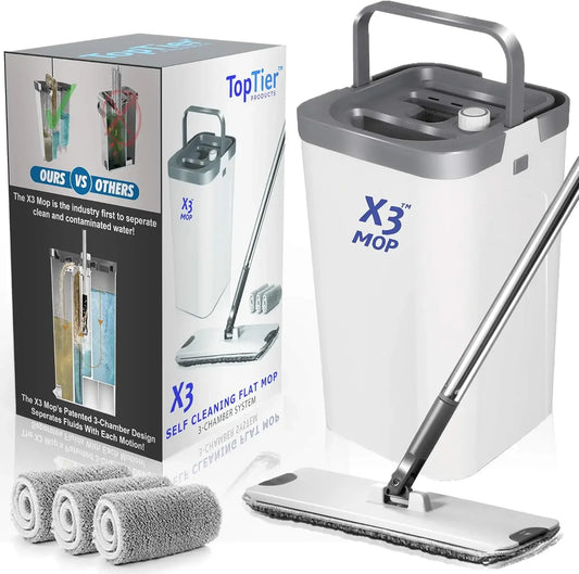 Separates Dirty and Clean Water, 3-Chamber Design, Flat Mop and Bucket Set, Hands Free Cleaning