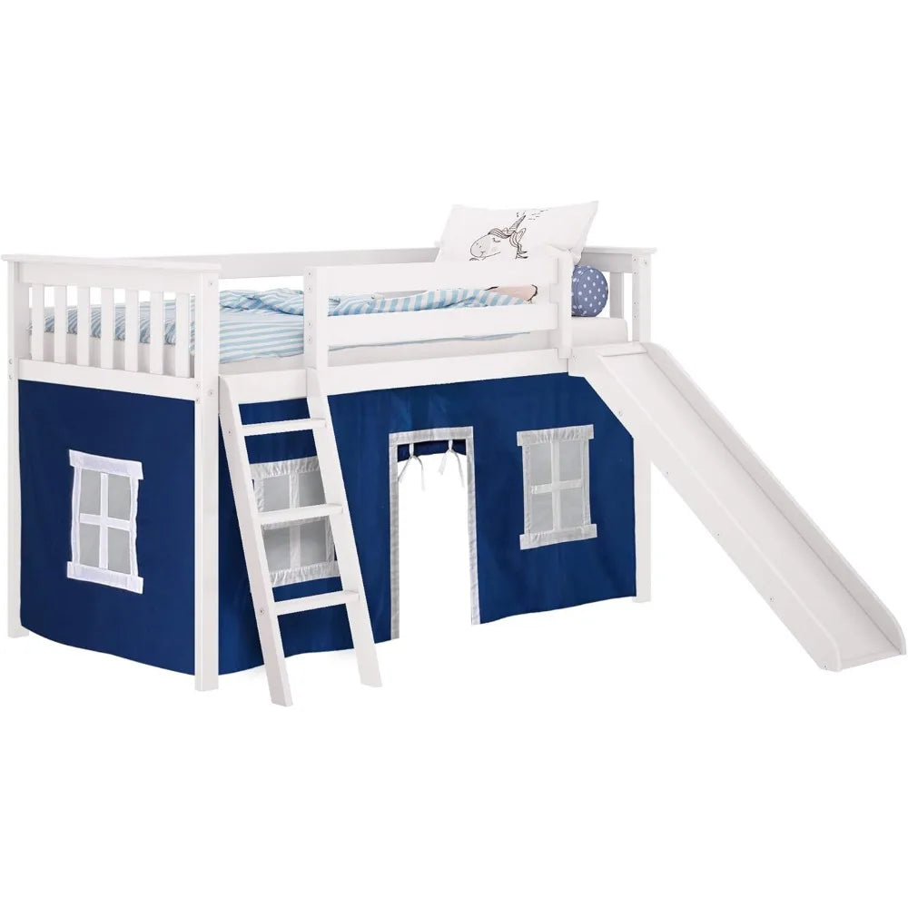 Low Loft Bed,Twin Bed Frame For Kids With Slide and Curtains For Bottom