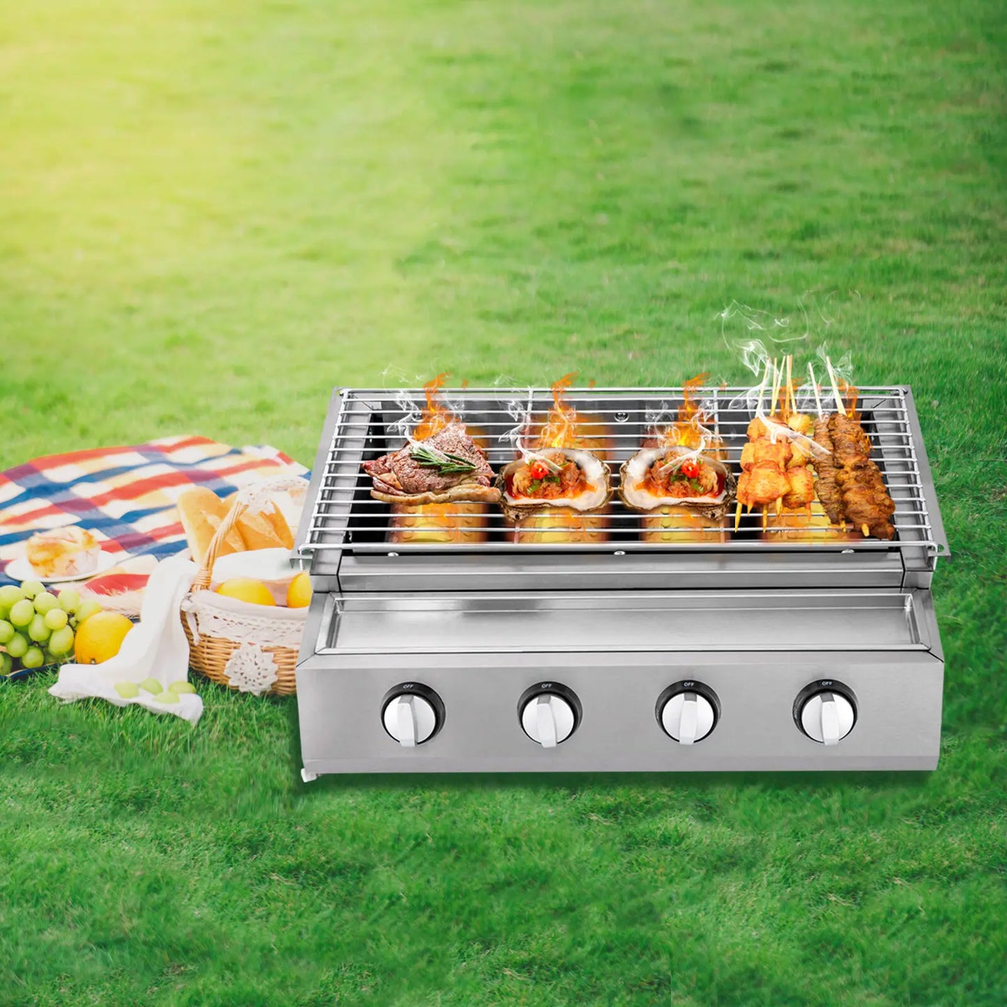 Outdoor Cooking Commercial Gas BBQ Grill W/ Stainless Steel Griddle 4 Burners