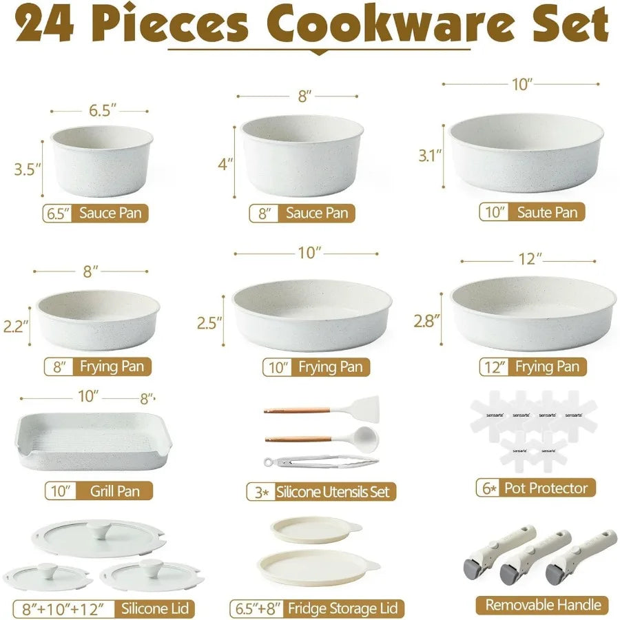 24 Piece Pots and Pans Set Nonstick Detachable Handle Cookware Induction Kitchen Cookware