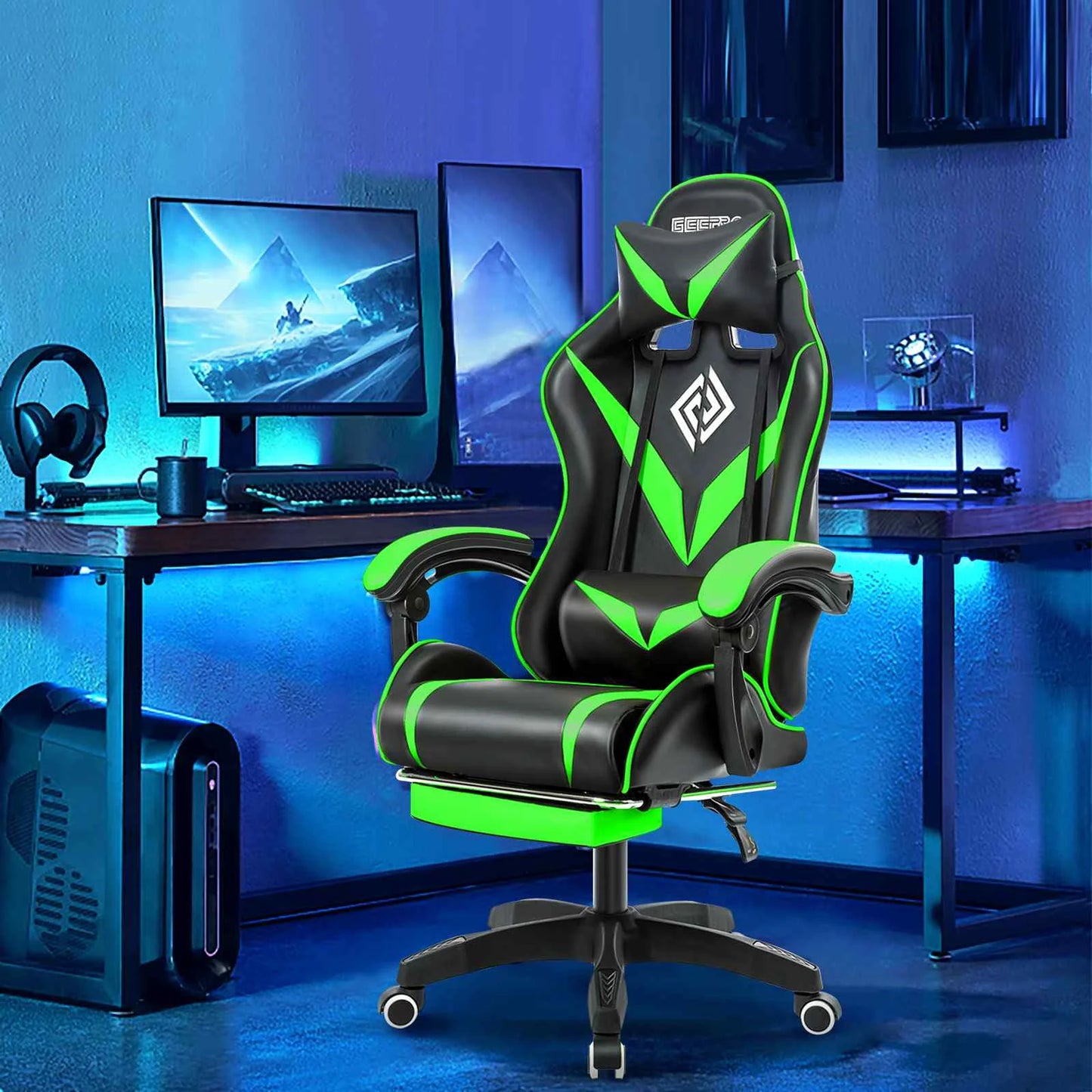 Gaming Chair w/Footrest Computer Desk Chairs Ergonomic Massage Lumbar Cushion Support High Back