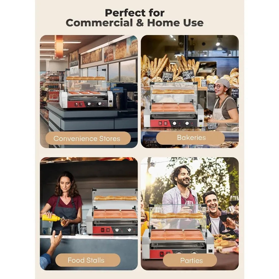 Hot Dog Roller 11 Rollers 30 Hot Dogs Capacity 1650W Stainless Steel Hot Dog Machine Bun Warmer