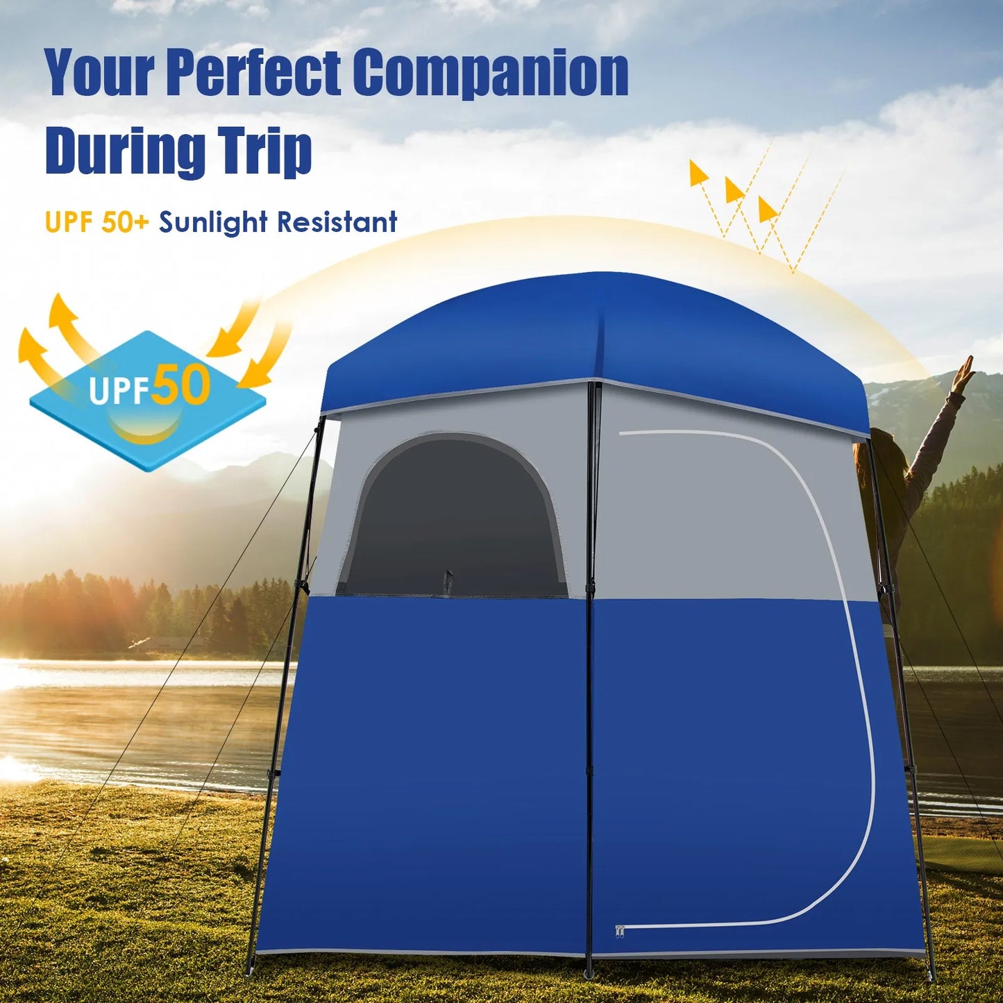 Double-Room Camping Shower Toilet Tent with Floor Oversize Portable Storage Bag