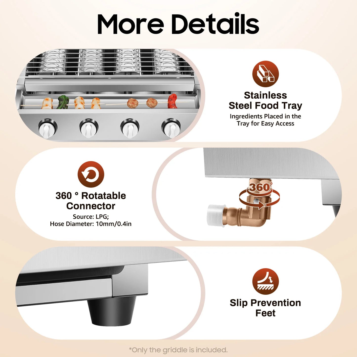 4 Burners BBQ Propane Gas Grill Stainless Steel Smokeless Barbecue Grill Portable BBQ Grill Removable