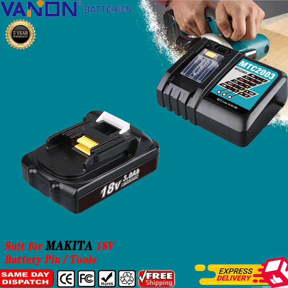 VANON 1/2/4Pcs 3.0Ah BL1830-Makita 18V BL1815 BL1850 BL1860 BL1890+DC18RC 14.4-18V 3A Charger