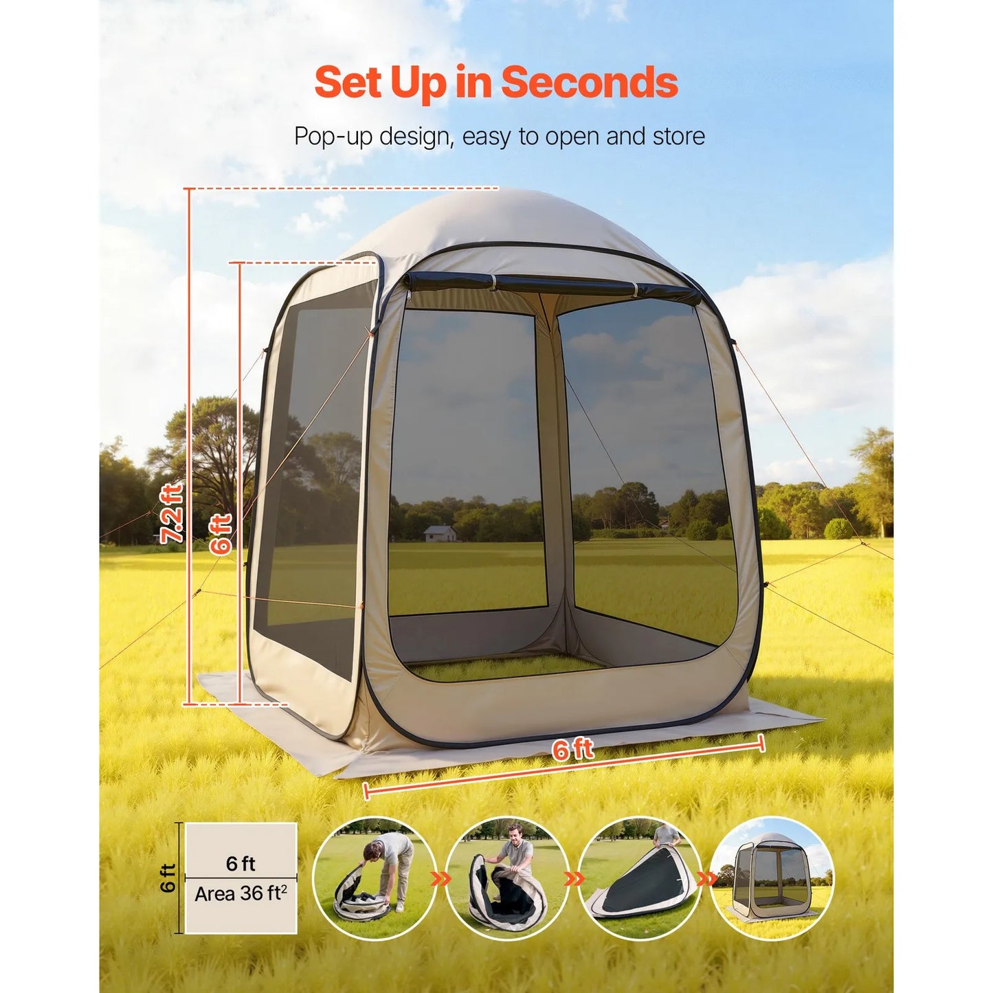 Pop-Up Screen House Tent 6 x 6 ft Camping Mesh Gazebo 4-6 People with Bag