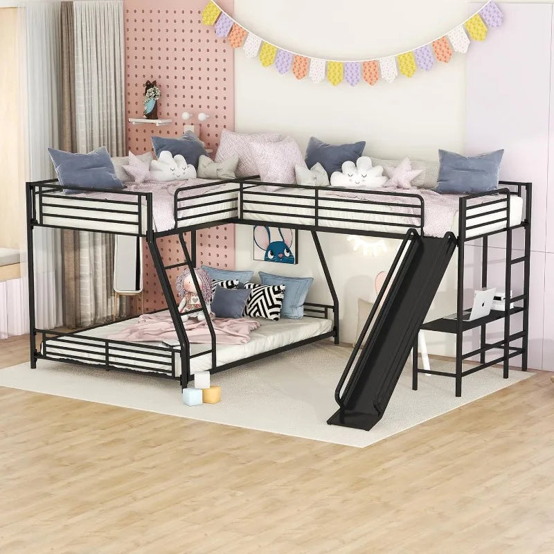 Triple Bunk Beds with Slide, L-shape Twin Over Full Bunk Bed Attached a Loft Bed with Desk