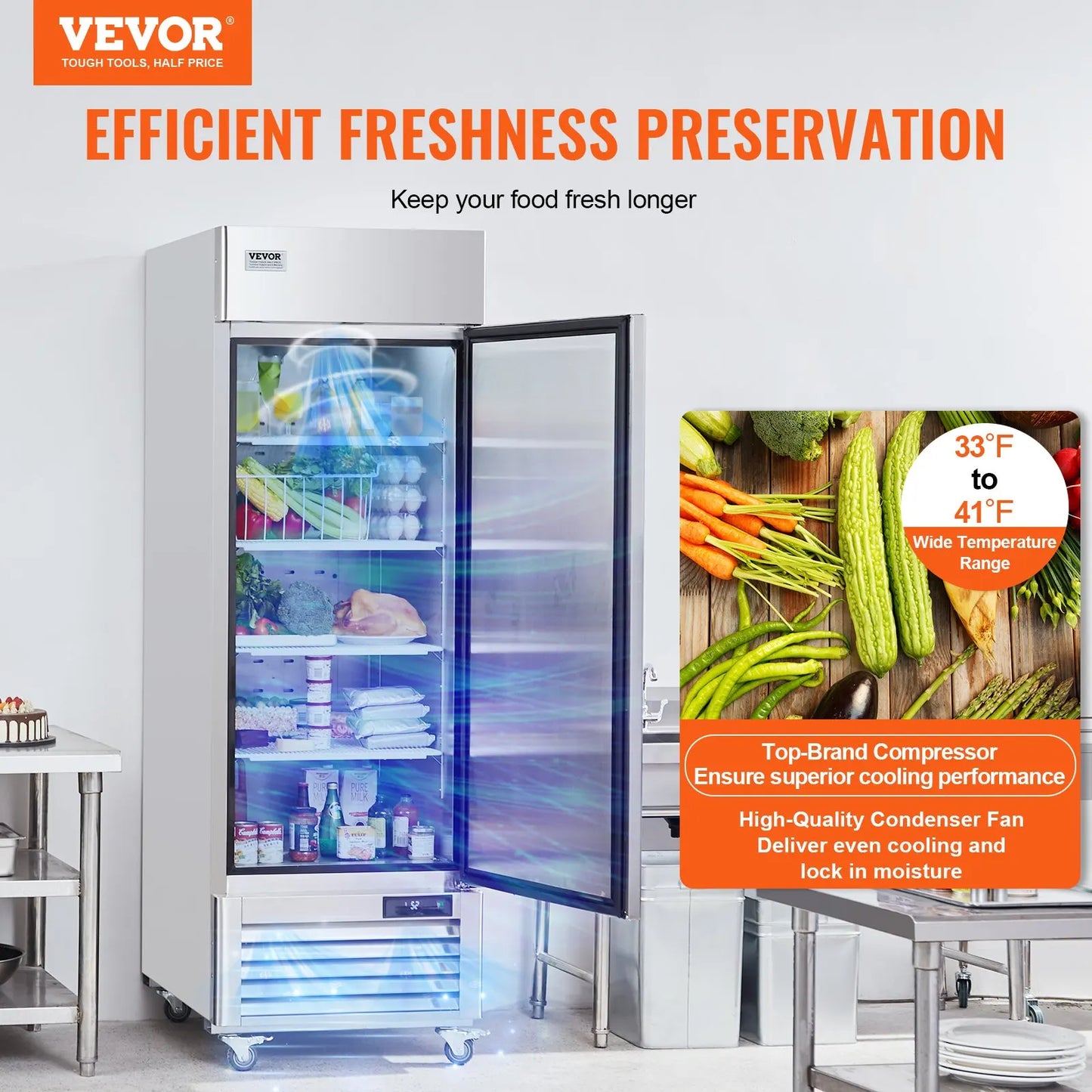 VEVOR Commercial 9.32 Cu.ft Reach In 27" W Upright Refrigerator 1-3 Door Auto-Defrost Refrigerator