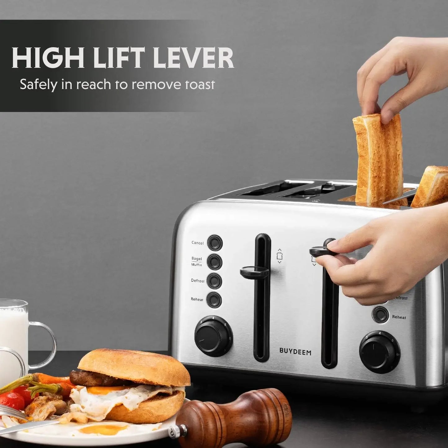 T640 4-Slice Toaster,Extra Wide Slots, Retro Stainless Steel with High Lift Lever, Bagel and Muffin