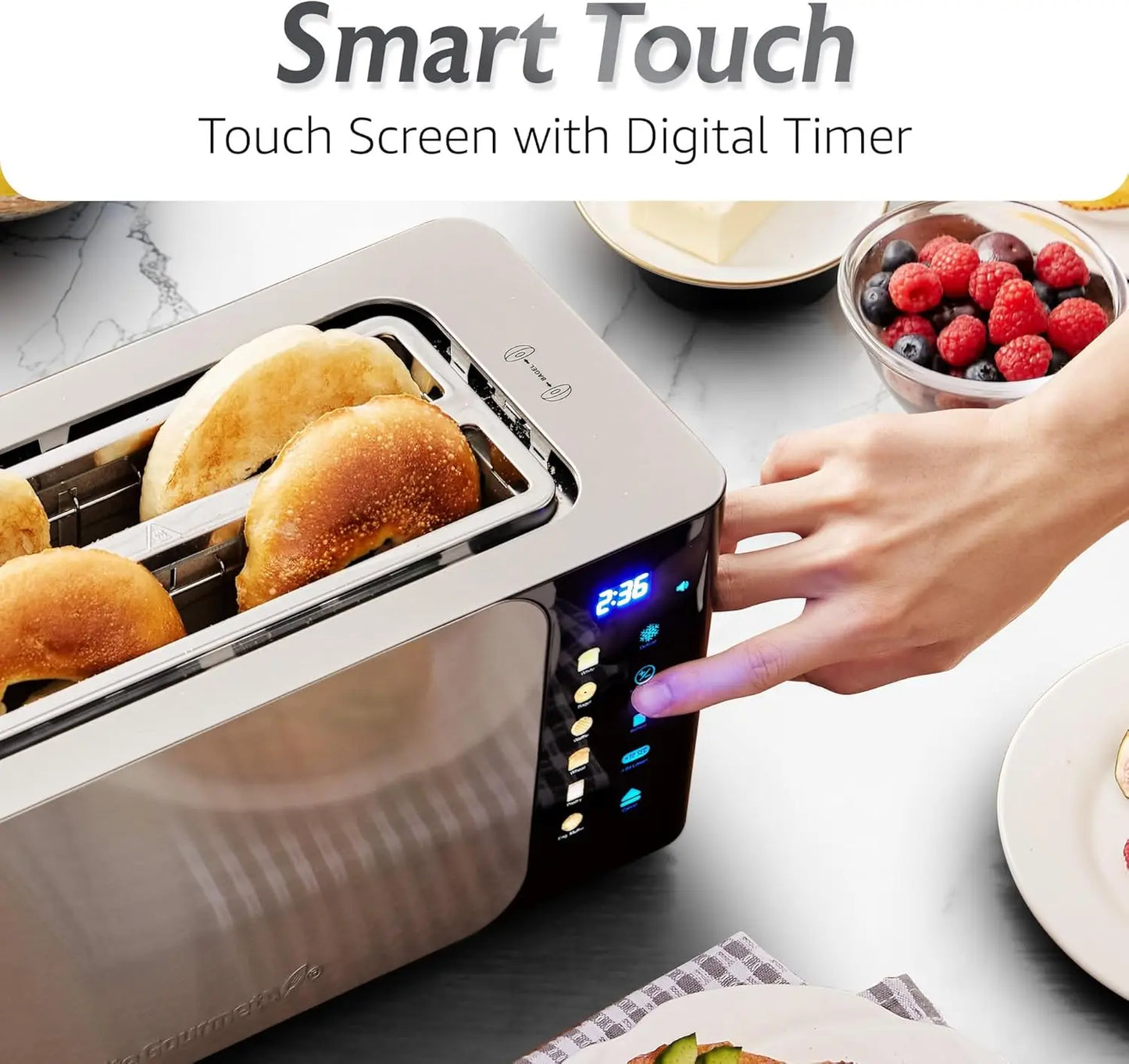 ECT5924D SmartToast Digital Long Slot 4 Slice Toaster 1.5” Wide Slots Bagel LED Touch Screen