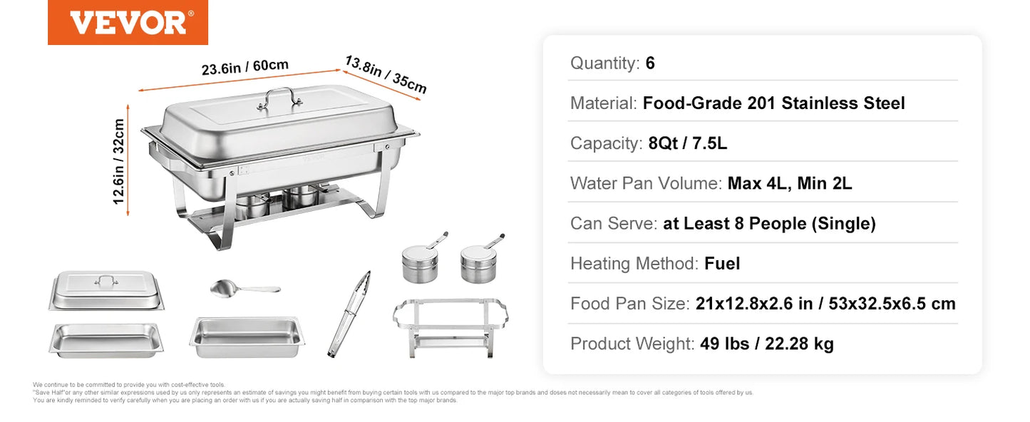 VEVOR 8QT Chafing Dish 2/4/6 Packs w/Buffet Catering Warmer Server Folding Stand Fuel Holder Tray